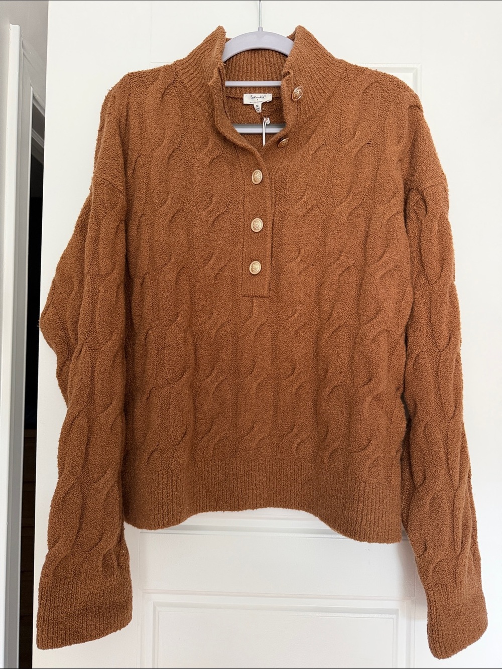 Splendid cable half placket sweater in caramel - Picture 2 of 12